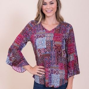 CDW Maroon/Blue Strap Bell Sleeve Peasant …
